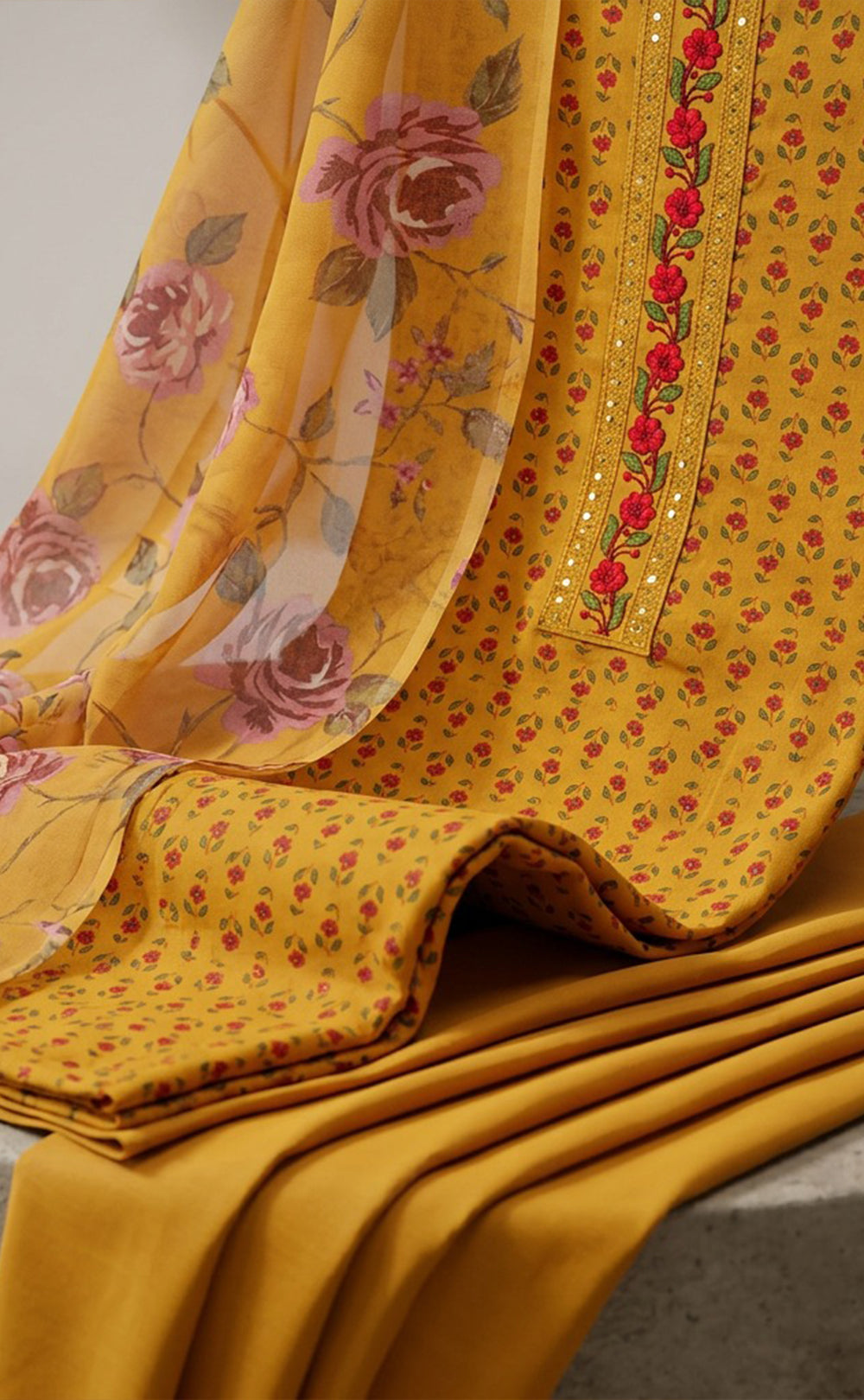 Yellow Cotton All-Over Small Buti Flower Printed Un-Stitched Dress Material