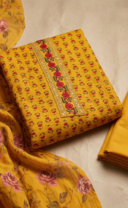 Yellow Cotton All-Over Small Buti Flower Printed Un-Stitched Dress Material