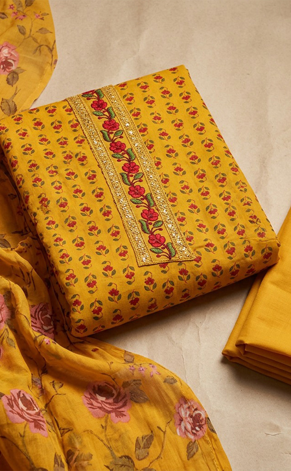 Yellow Cotton All-Over Small Buti Flower Printed Un-Stitched Dress Material