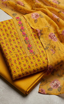 Yellow Cotton All-Over Small Buti Flower Printed Un-Stitched Dress Material