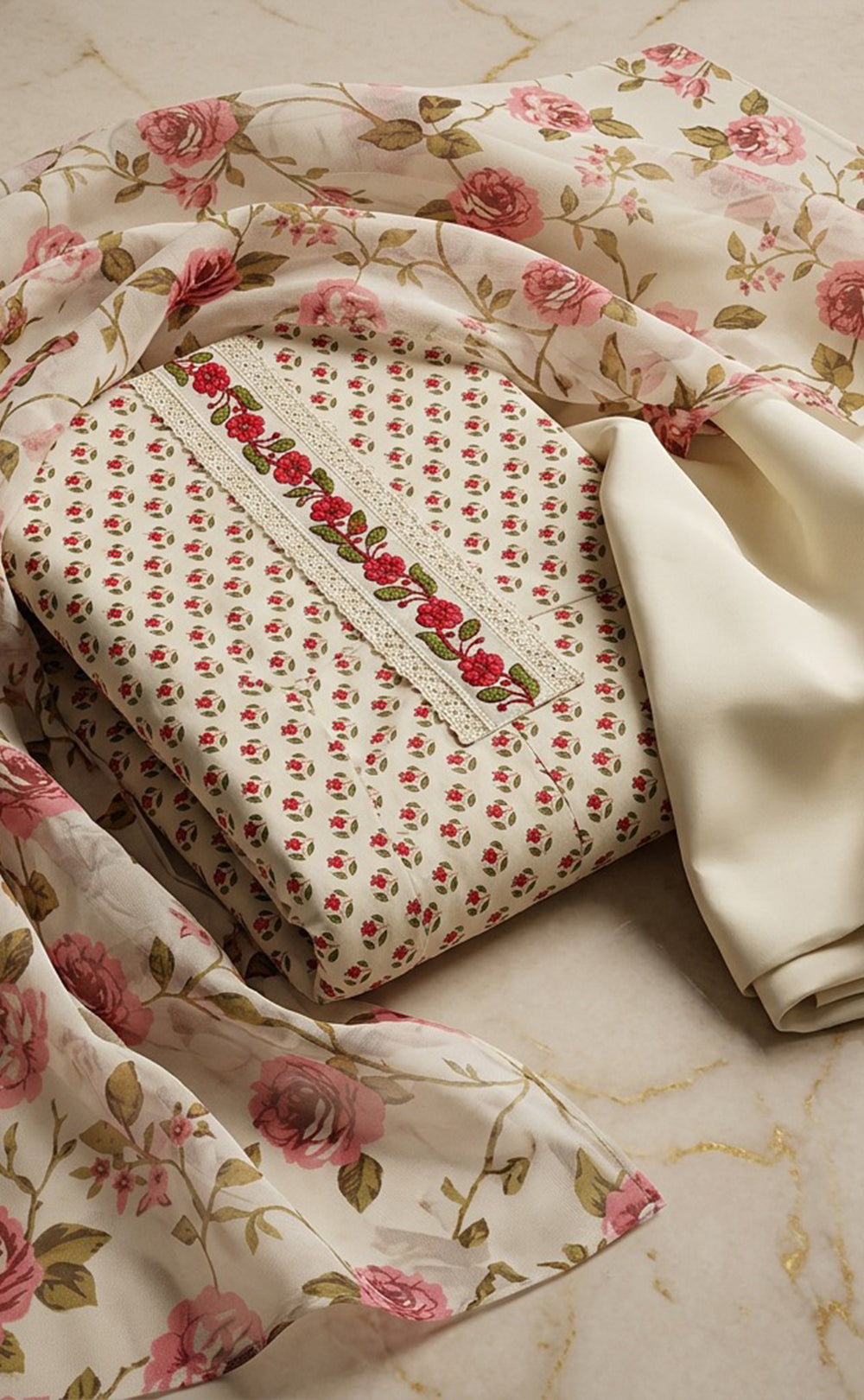 White Cotton All-Over Small Flower Buti Printed Un-Stitched Dress Material