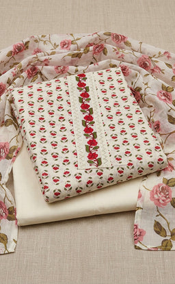 White Cotton All-Over Small Flower Buti Printed Un-Stitched Dress Material