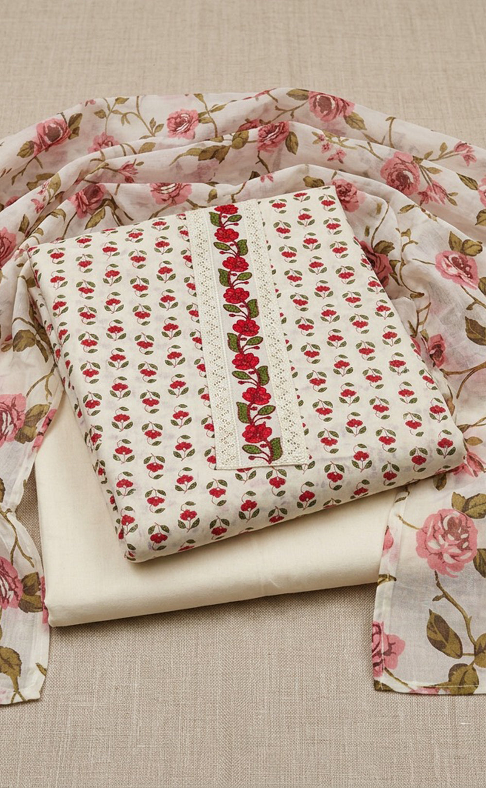 White Cotton All-Over Small Flower Buti Printed Un-Stitched Dress Material