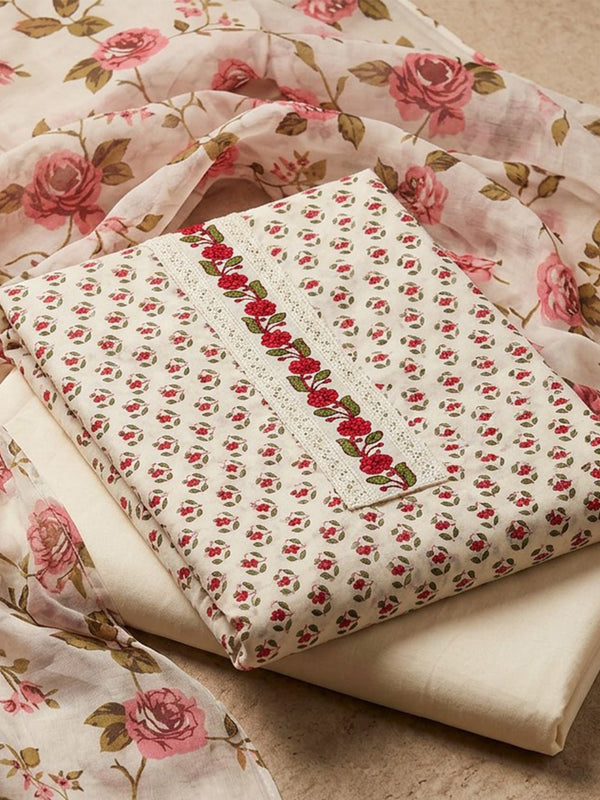 White Cotton All-Over Small Flower Buti Printed Un-Stitched Dress Material