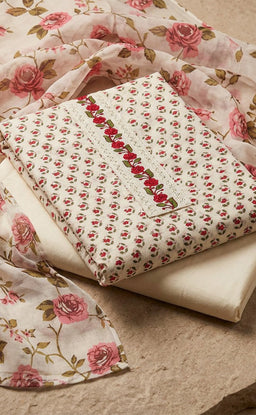 White Cotton All-Over Small Flower Buti Printed Un-Stitched Dress Material