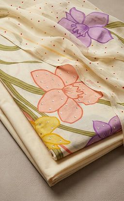 Half-White Cotton All-Over Floral Print And Sequence Work Un-Stitched Dress Material