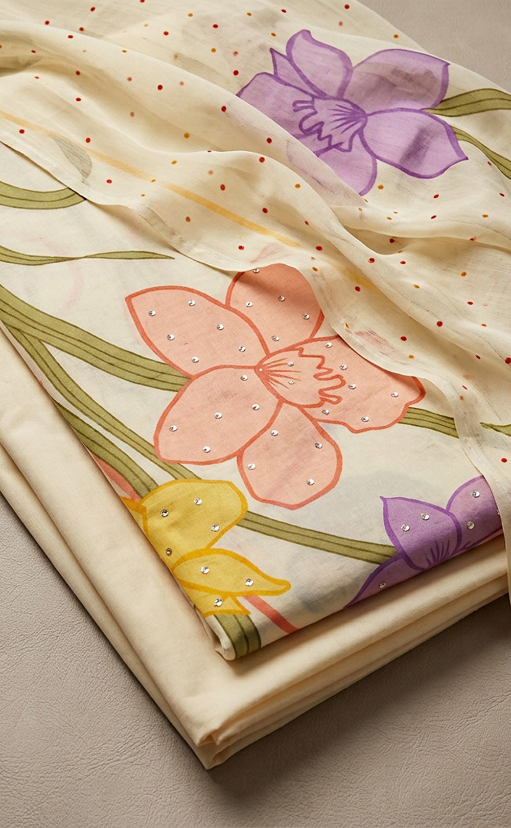 Half-White Cotton All-Over Floral Print And Sequence Work Un-Stitched Dress Material