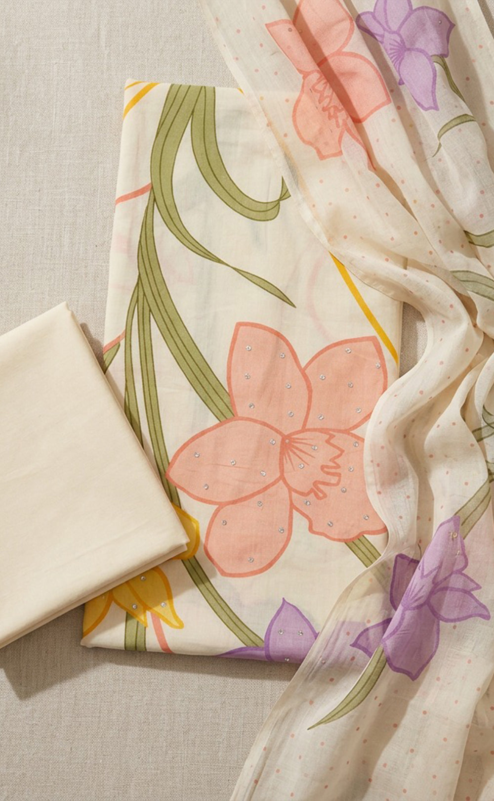 Half-White Cotton All-Over Floral Print And Sequence Work Un-Stitched Dress Material