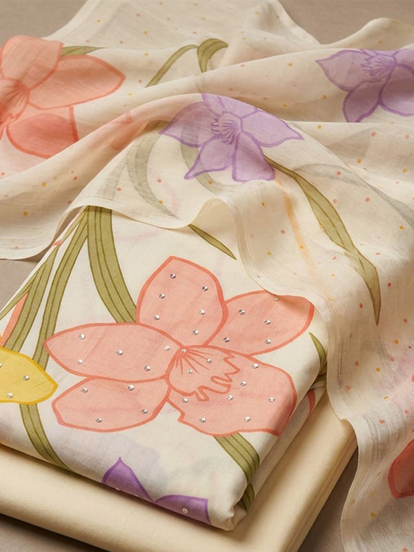 Half-White Cotton All-Over Floral Print And Sequence Work Un-Stitched Dress Material