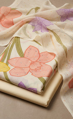 Half-White Cotton All-Over Floral Print And Sequence Work Un-Stitched Dress Material