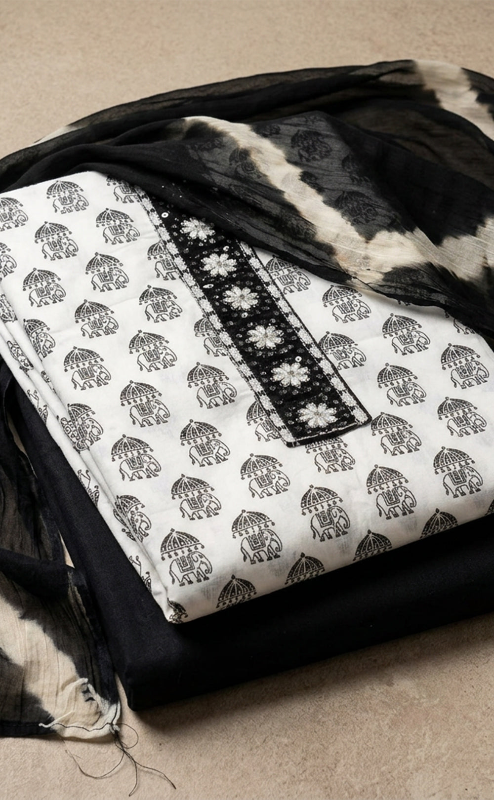 White With Black Cotton Elephant Printed Un-Stitched Dress Material
