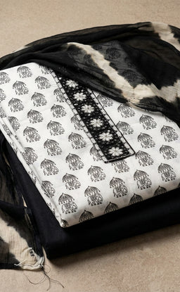 White With Black Cotton Elephant Printed Un-Stitched Dress Material