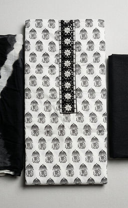 White With Black Cotton Elephant Printed Un-Stitched Dress Material