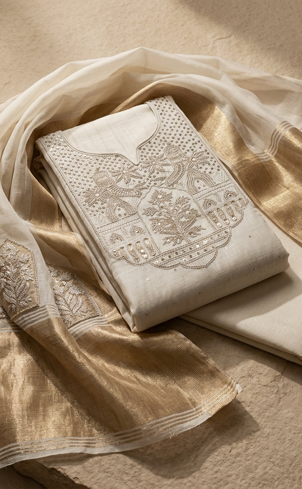 Cream Fancy Thread Embroidery With Sequence Work Un-Stitched Dress Material