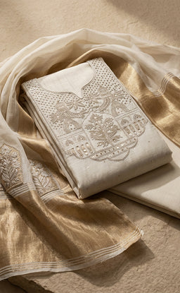 Cream Fancy Thread Embroidery With Sequence Work Un-Stitched Dress Material