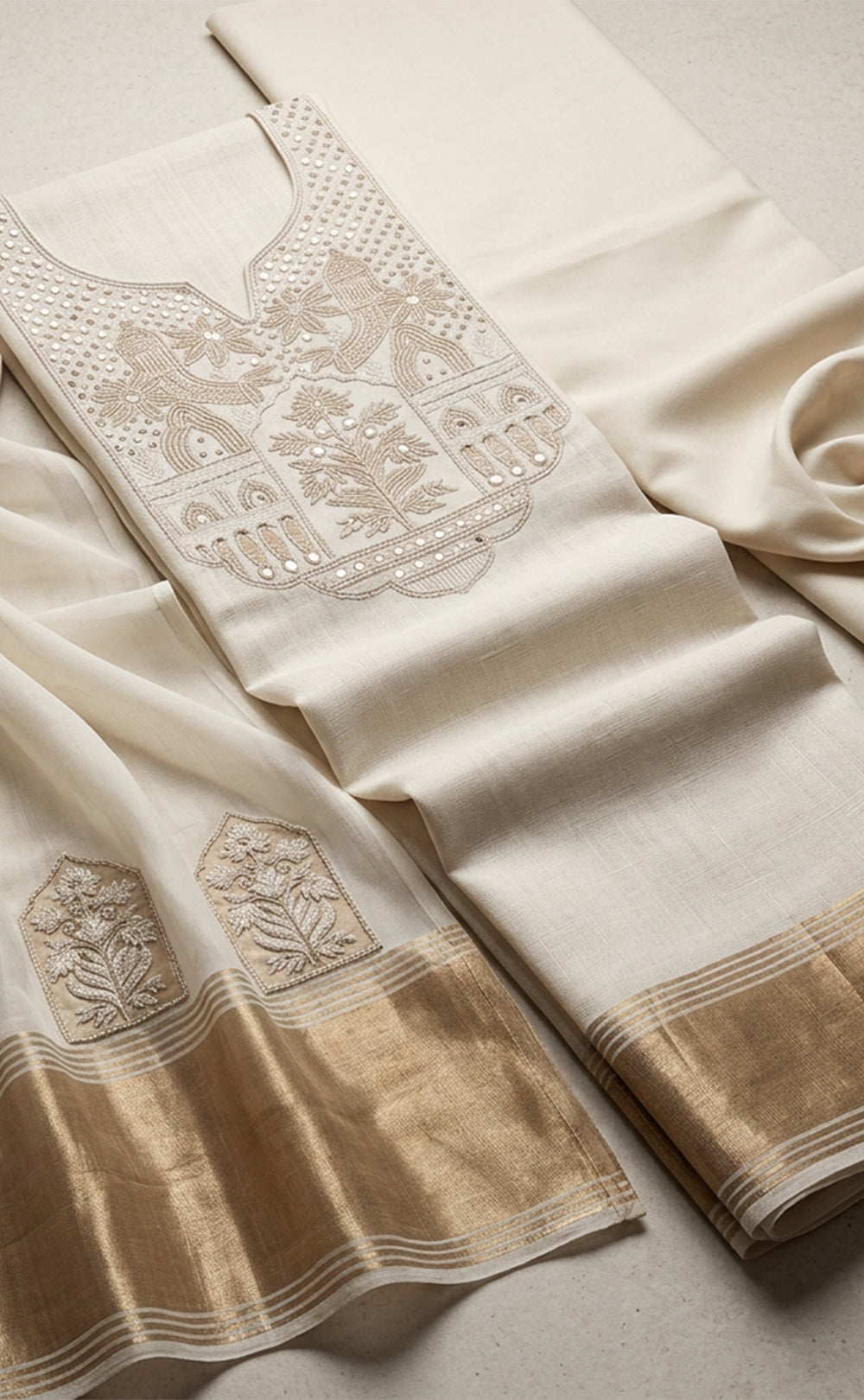 Cream Fancy Thread Embroidery With Sequence Work Un-Stitched Dress Material