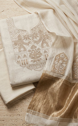 Cream Fancy Thread Embroidery With Sequence Work Un-Stitched Dress Material