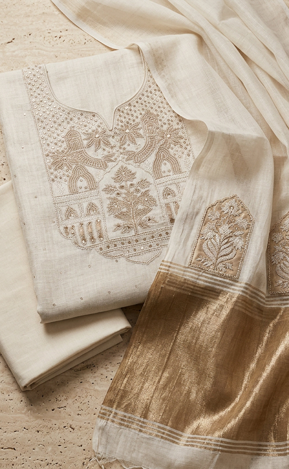 Cream Fancy Thread Embroidery With Sequence Work Un-Stitched Dress Material