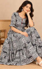 White With Black Cotton Ajrakh Printed Kurti Gown