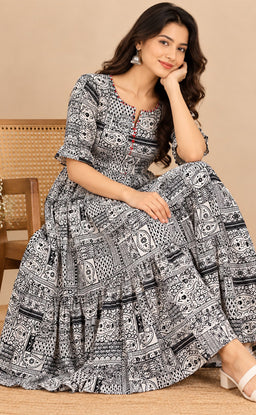 White With Black Cotton Ajrakh Printed Kurti Gown