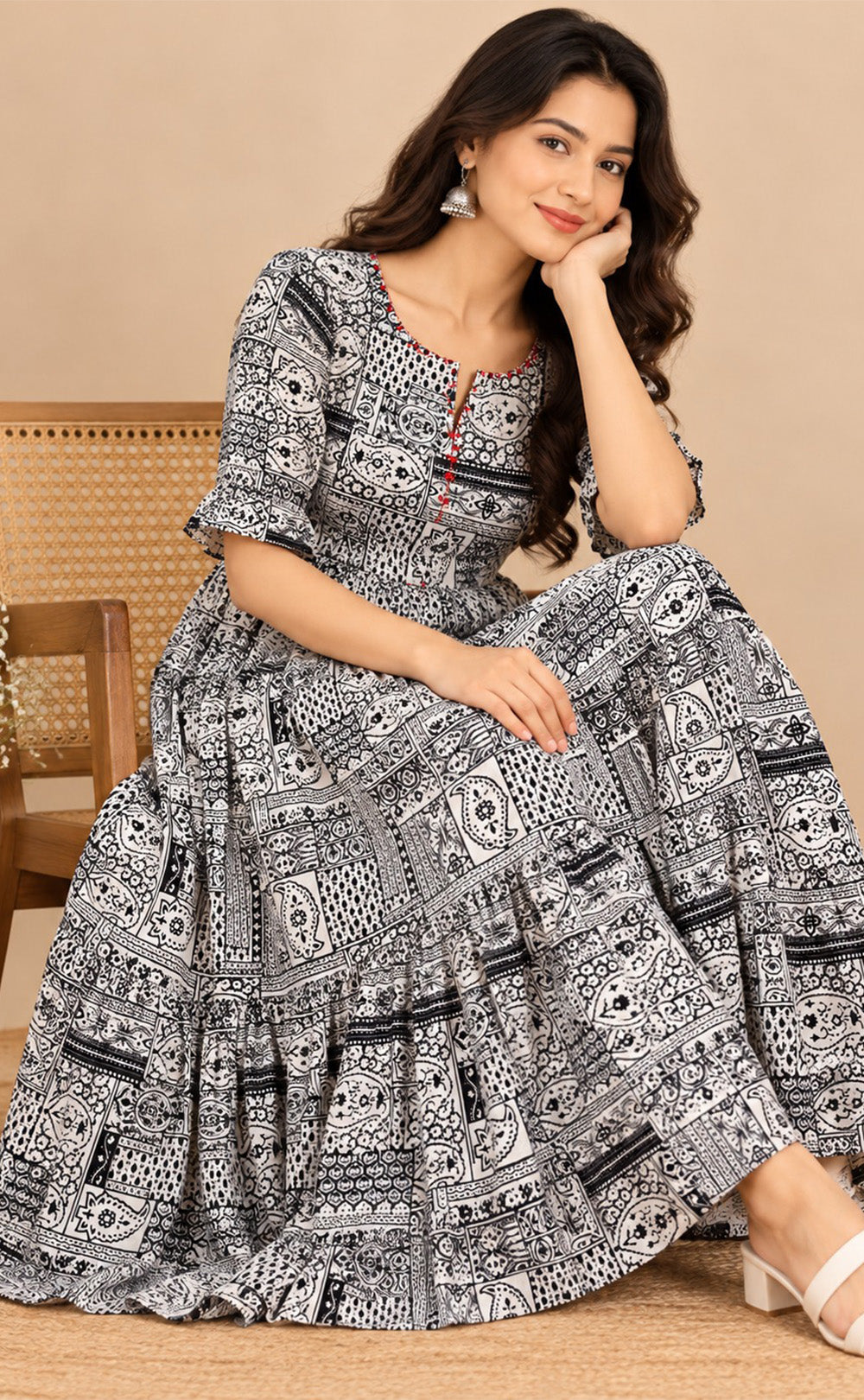 White With Black Cotton Ajrakh Printed Kurti Gown