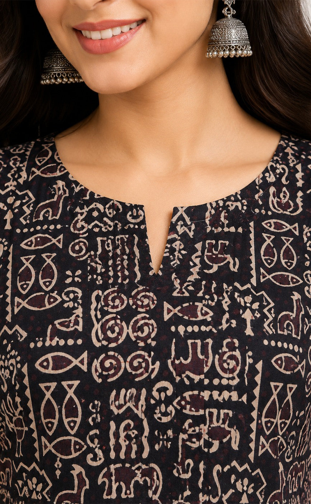 Black Cotton Kalamkari Printed Flare Kurti