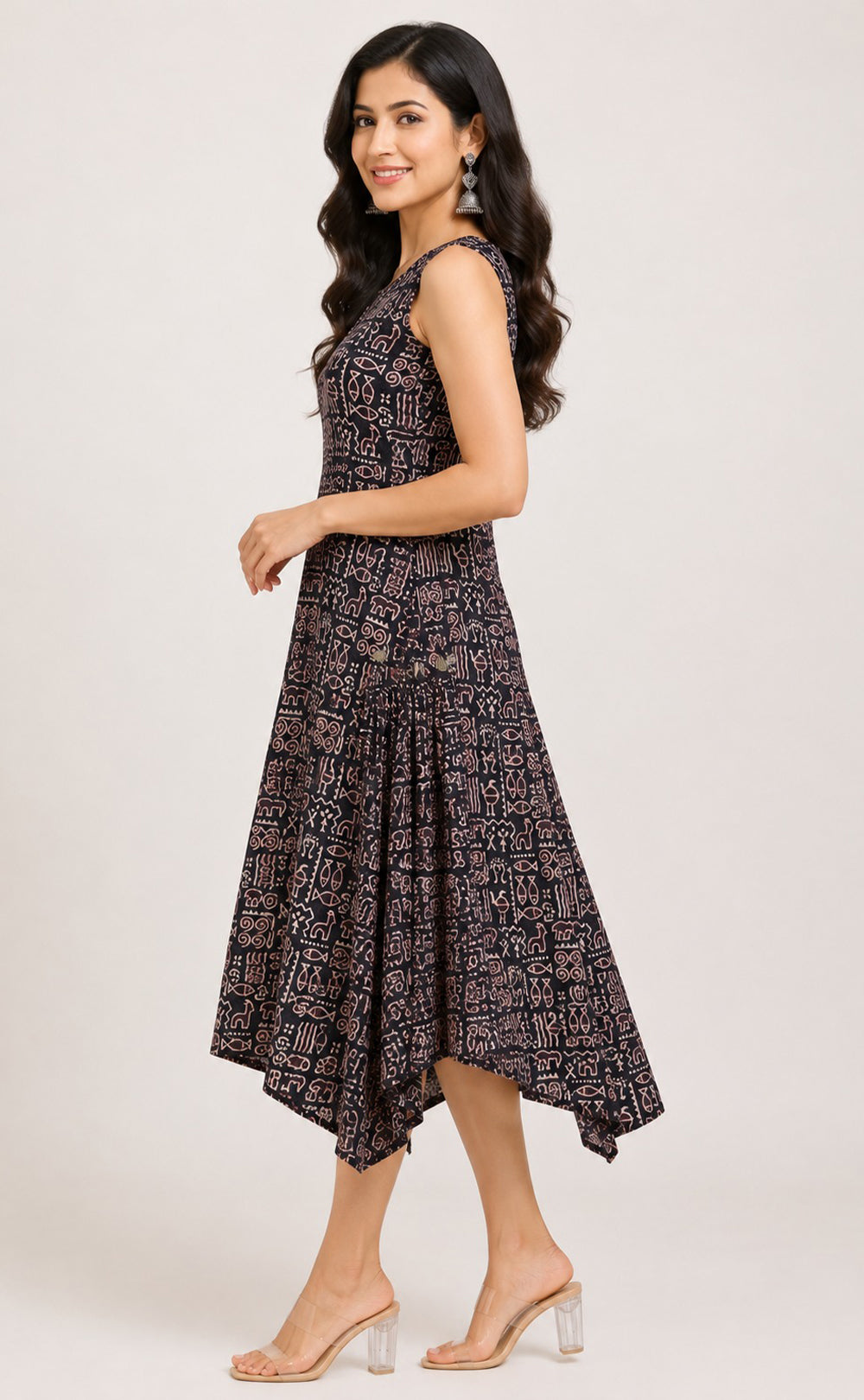 Black Cotton Kalamkari Printed Flare Kurti