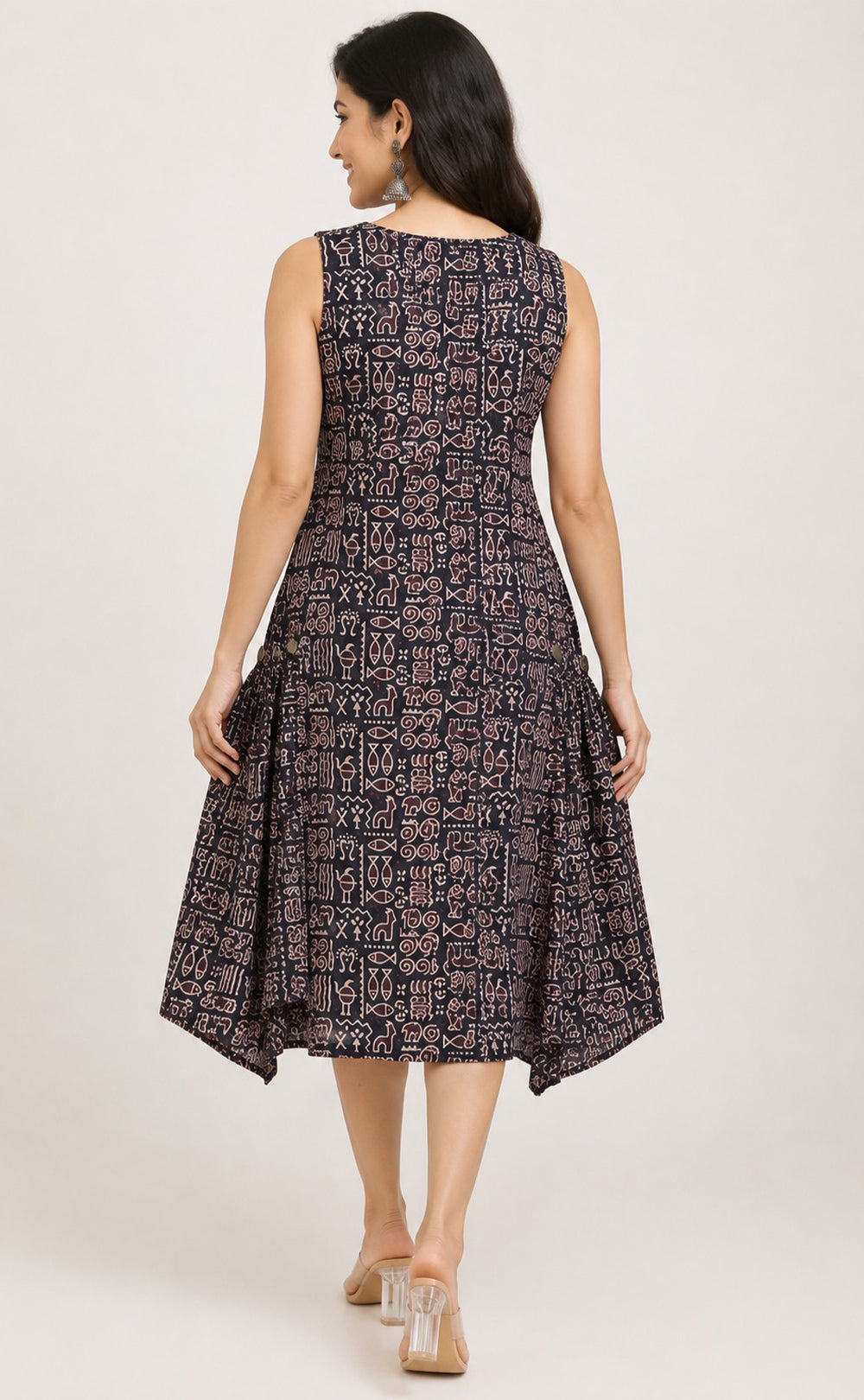 Black Cotton Kalamkari Printed Flare Kurti