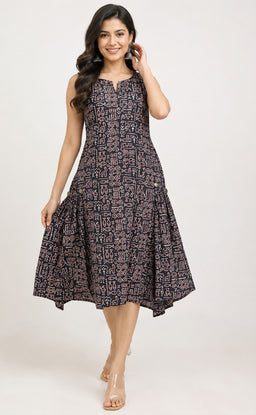 Black Cotton Kalamkari Printed Flare Kurti