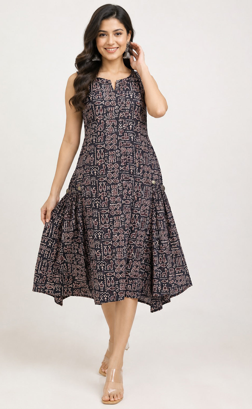 Black Cotton Kalamkari Printed Flare Kurti