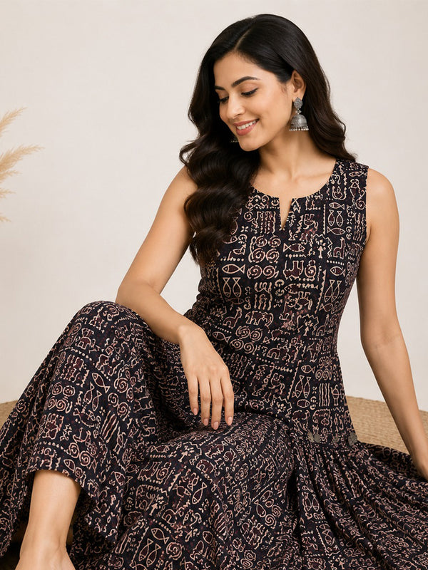 Black Cotton Kalamkari Printed Flare Kurti