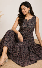 Black Cotton Kalamkari Printed Flare Kurti