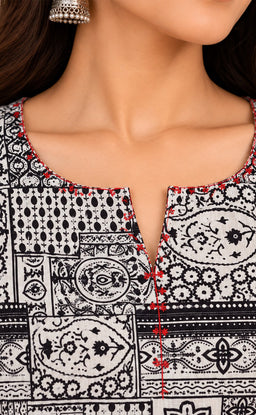White With Black Cotton Ajrakh Printed Kurti Gown