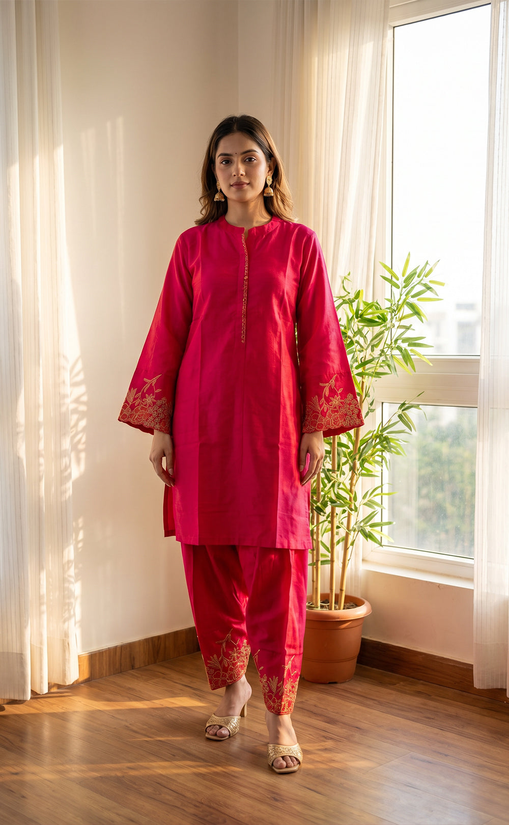 Rani Pink Maslin Silk Short Length Co-ord Set