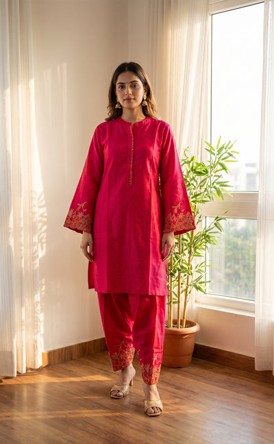 Rani Pink Maslin Silk Short Length Co-ord Set