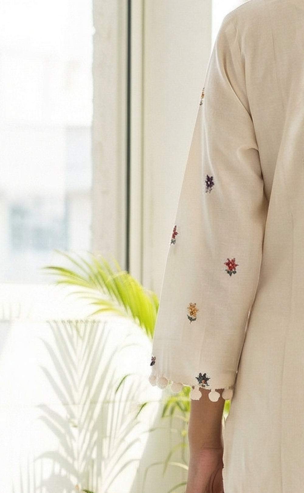 White Roman silk kurti set with Brush paint digital printed pom-pom dupatta