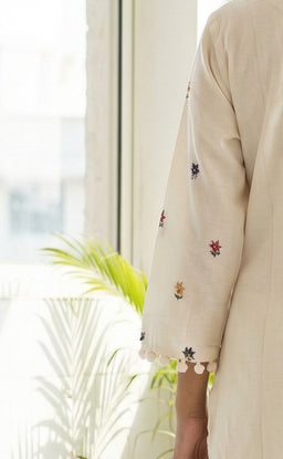 White Roman silk kurti set with Brush paint digital printed pom-pom dupatta