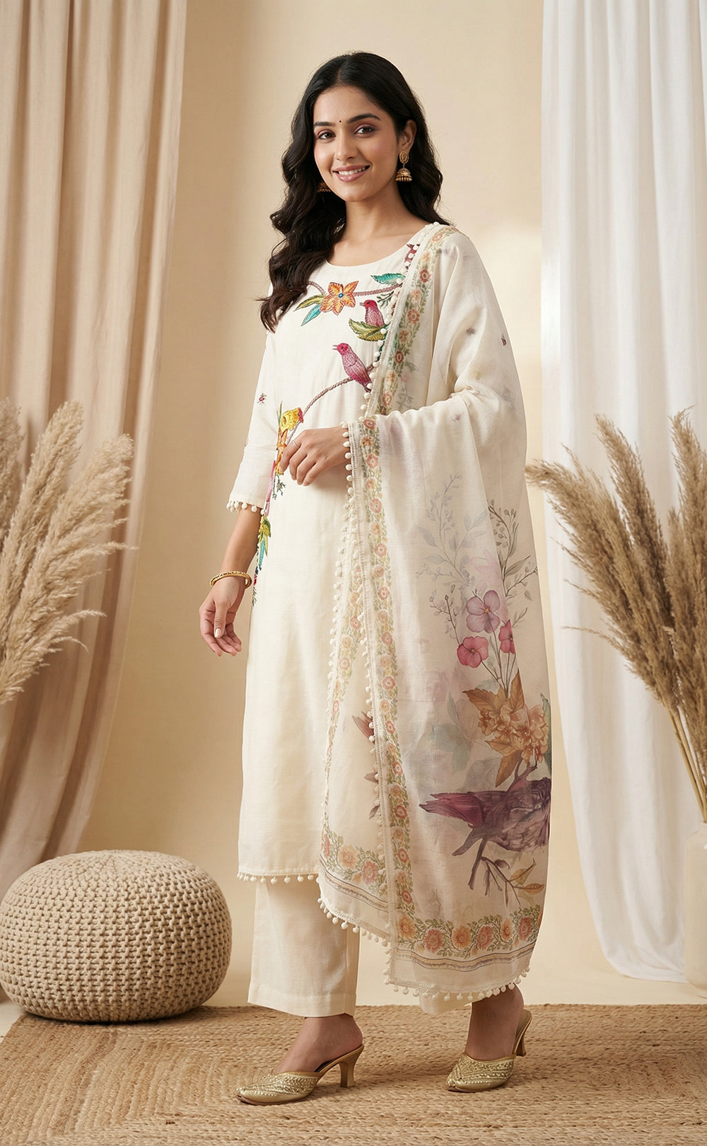 White Roman silk kurti set with Brush paint digital printed pom-pom dupatta