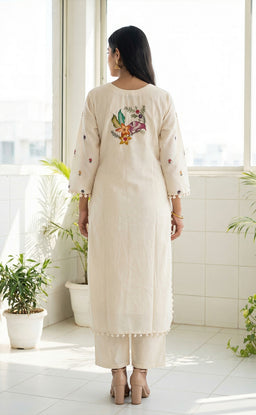 White Roman silk kurti set with Brush paint digital printed pom-pom dupatta