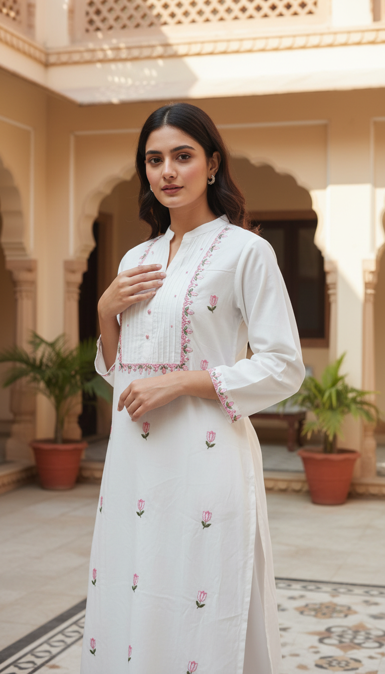White Cotton 3- Piece kurti set with Brush paint Dupatta