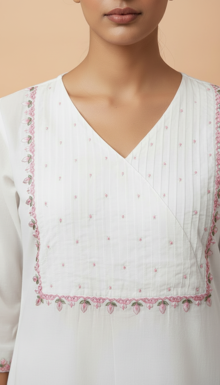 White Cotton 3- Piece kurti set with Brush paint Dupatta