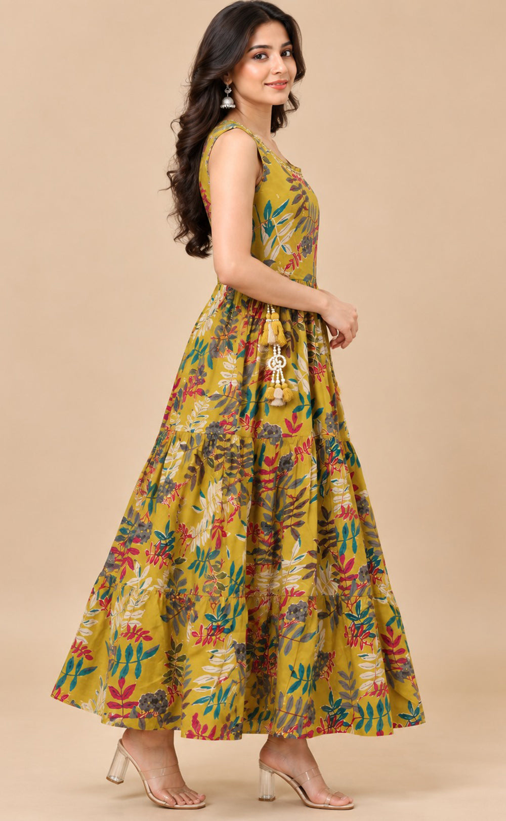 Mustard Yellow Cotton Beats Work Kurti Gown