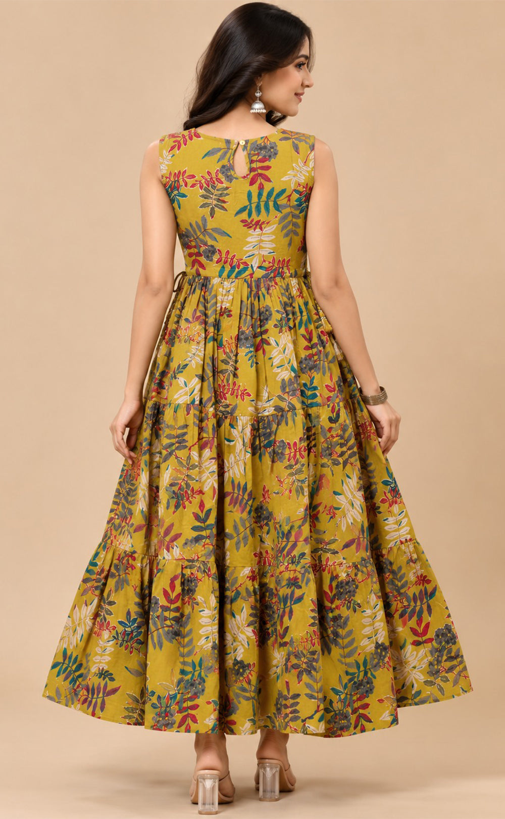 Mustard Yellow Cotton Beats Work Kurti Gown