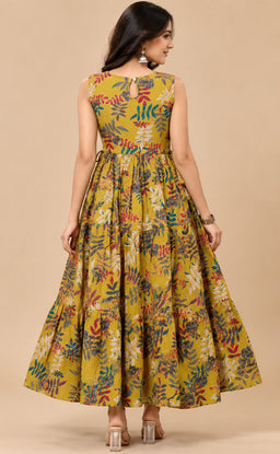 Mustard Yellow Cotton Beats Work Kurti Gown