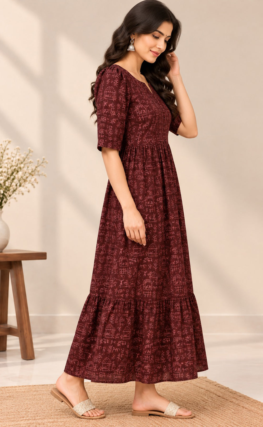 Maroon Cotton Traditional Printed Kurti Gown