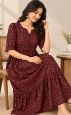 Maroon Cotton Traditional Printed Kurti Gown