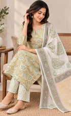 Lemon Yellow Cotton Floral Printed Kurti Set