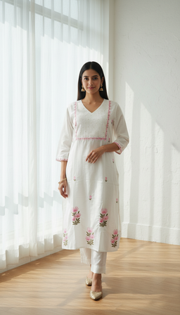 White Cotton 3- Piece kurti set with Brush paint Dupatta