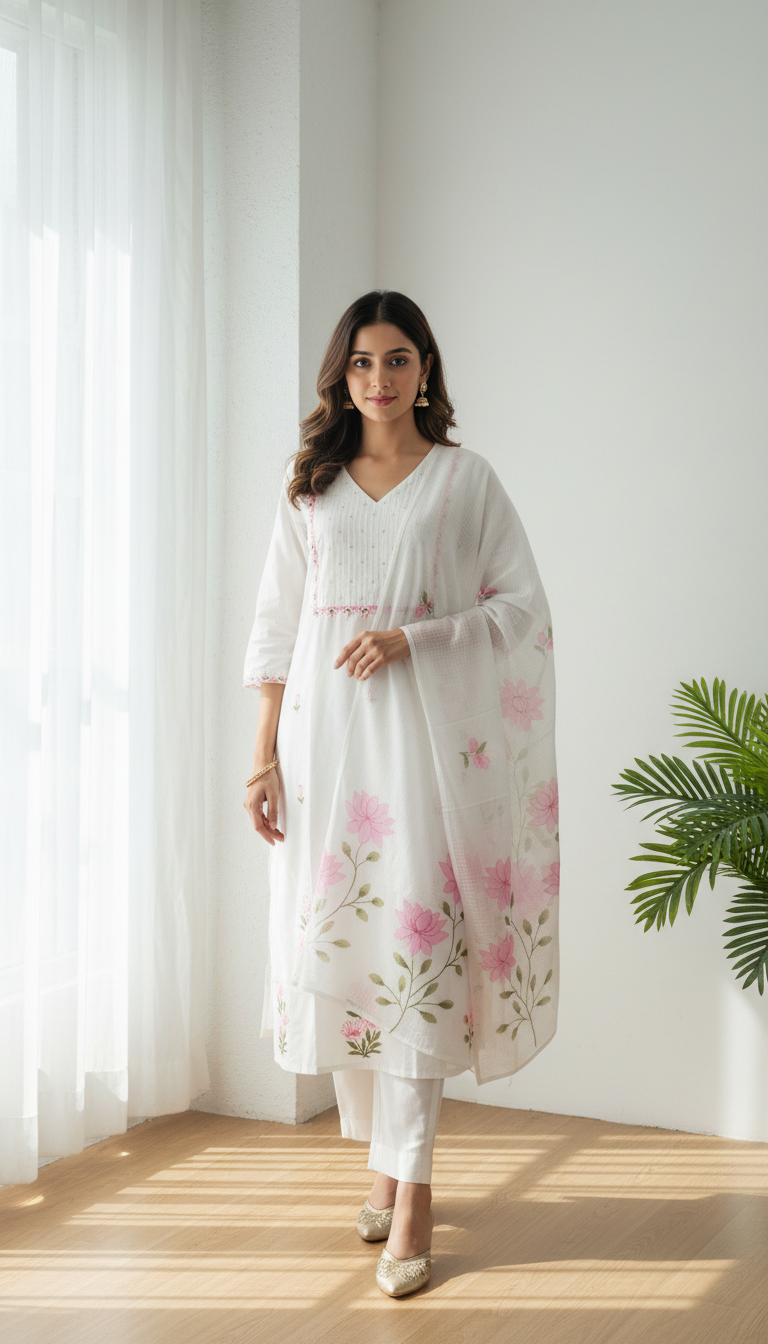 White Cotton 3- Piece kurti set with Brush paint Dupatta