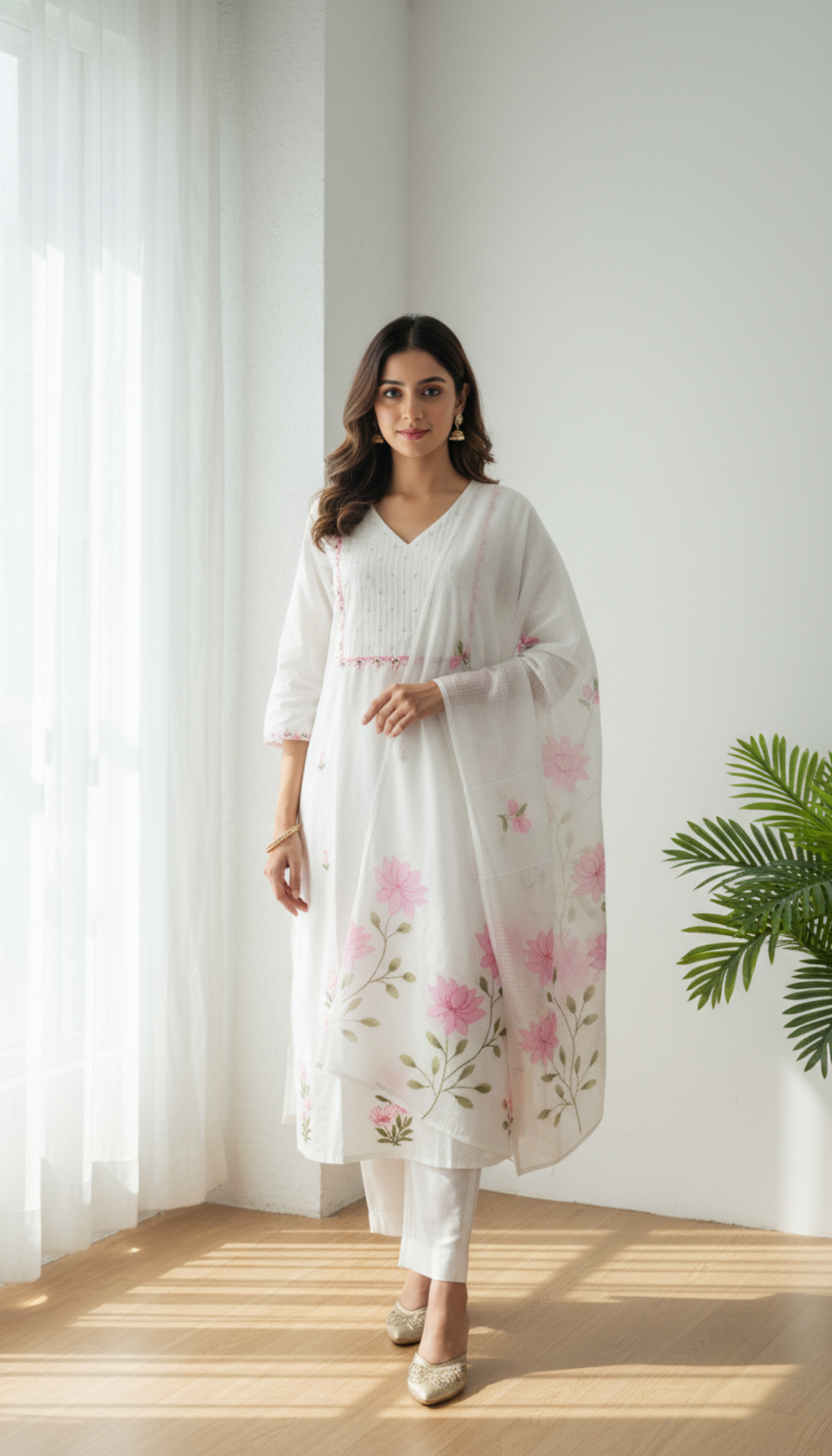 White Cotton 3- Piece kurti set with Brush paint Dupatta